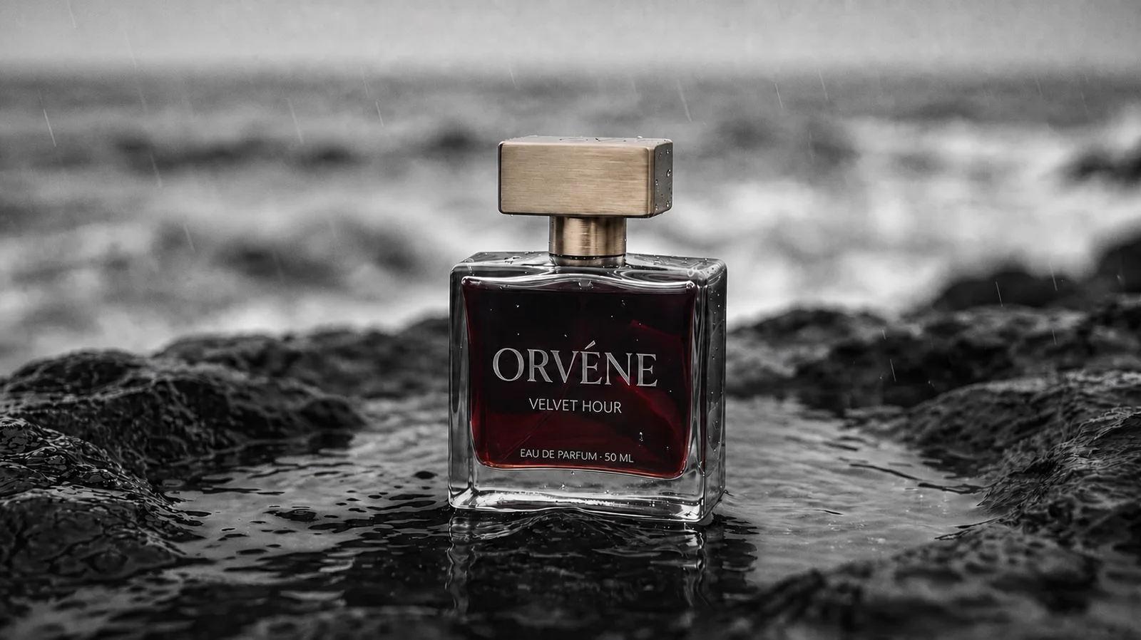 ORVÉNE Velvet Hour Flakon auf nassem Fels